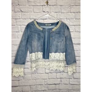 WTY Wu Tong Yu Women's Jean Denim Boho Jacket Lace & Pearl Embellishments SZ LG